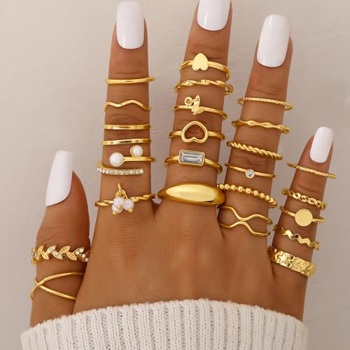 FAXHION 68 Pcs Gold Jewelry Set for Women with 7 Necklace, 17 Bracelet, 5 Hoop Earrings, 15 Stud Earrings, 24 Knuckle Rings for Women Jewelry Set for Women Gift - color: gold jewelry set