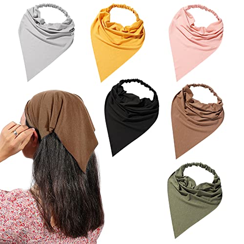 Vercret 6 Pack Hair Scarf Headband for Women Elastic Bandana Head Scarf Large Boho Triangle Kerchief with Clips Non Slip Scarves - color: E Dack Colors