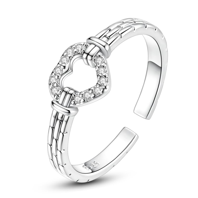 PARCOM Adjustable Women Stackable Ring, 925 Sterling Silver Open Rings - Trendy Eternity Cubic Zirconia Stackable Band Engagement Promise Ring for Her, Hypoallergenic Non Tarnish Nature Bird Floral Thumb Rings - color: Heart Link