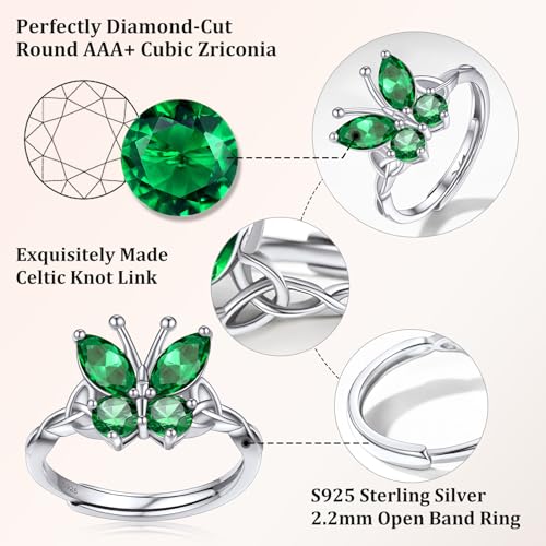 Bestyle 925 Sterling Silver Butterfly Ring Hypoallergnic Adjustable Birthstone Rings for Women Butterfly Jewelry Gifts for Anniversary Mothers' Day Birthday - color: 05.May(Emerald)-TOP