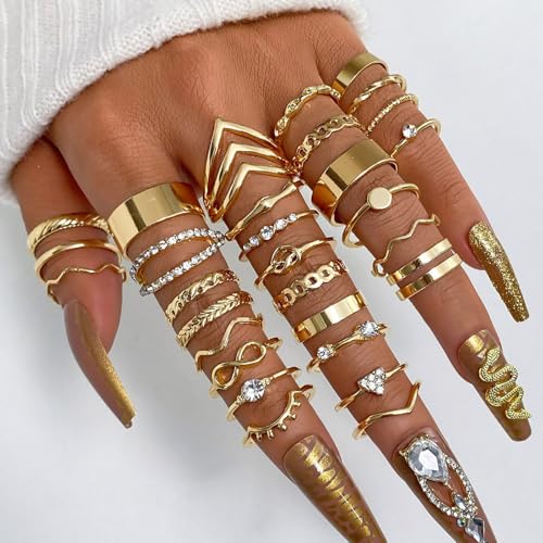 Gold Rings for Women Non Tarnish Stackable Rhinestone Moon Star Rings Dainty Stacking Pearl Butterfly Midi Pinky Thumb Joint Finger Knuckle Ring Set Gold Non Tarnish Jewelry Gifts Trendy Stuff - color: A Gold Stackable Rings 30Pcs