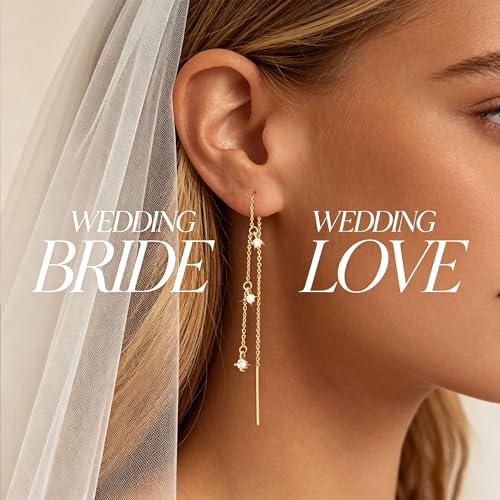 NECOCY Gold Dangle Earrings for Women Non Tarnish 14K Gold Plated Drop Wedding Hypallergenic Earring Dainty Long Hanging Chain CZ Pearl Threader Earrings Trendy Silver Plated Jewelry for Women - style: Gold&Style3