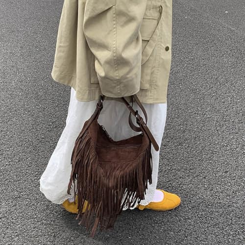 Fringe Genuine Suede Leather Hobo Bag Adjustable Crossbody Shoulder Bag Boho Retro Tassel Handbag Gift Box - color: Coffee