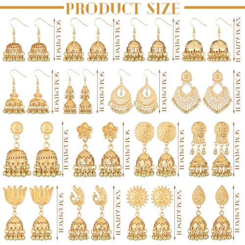 Nosiny 16 Pairs Jhumkas Indian Earrings for Women Vintage Jhumka Bell Hoop Dangle Earrings Set Ethnic Bohemian Indian Jewelry - color: Gold