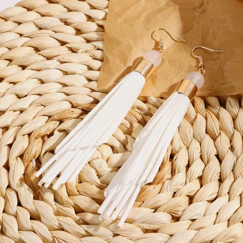 Coiris Boho Leather Layered Tassel Earrings for Women Lightweight Leather Fringe Dangle Earrings Handmade Bohemian Summer Beach Western Drop Earrings for Women - color: White