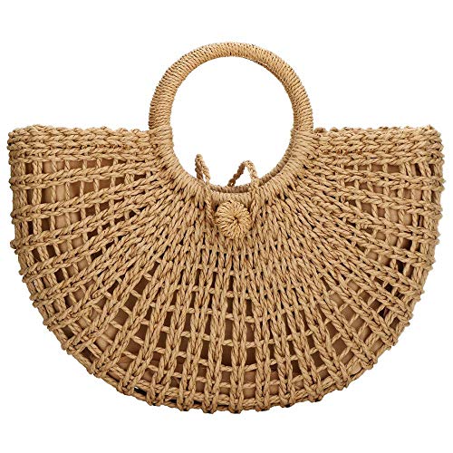 Gets Handwoven Rattan Top-handle Bag for Women Bohemian Round Straw Tote Bag Beach Large Carrying Handbag - color: Khaki