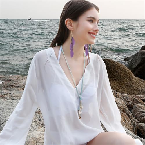 coadipress Boho Piercing Tassel Feather Long Chain Earrings Retro Lightweight Native Feather Dangle Drop Earrings for Women Bohemian Handmade Natural Feathers Earring Jewelry - color: Purple