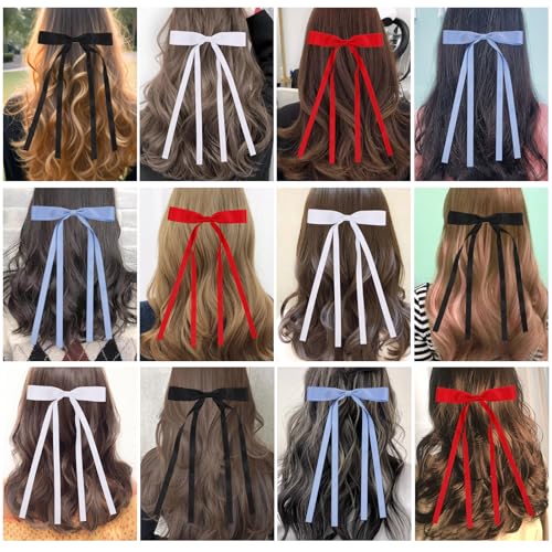WORTL Hair Bows Clips Hair Ribbon Bowknot with Long Tail Bows Barrettes Hair Accessories for Women Girls 16PCS （Red，White，Blue，Black） - color: Red，White，Blue，Black