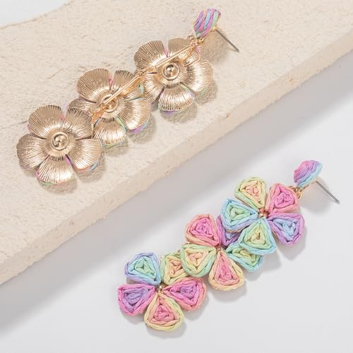 Boho Flower Earrings Statement Raffia Dangle Earrings Cute Floral Jewelry Trendy Summer Beach Vacation Outfits for Women - color: Colorful-2