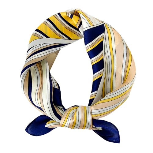 FEIBOON Mulberry Silk Scarfs Neck Scarf 21" Small Square Scarfs hair scarf bandana Neckerchief Headscarf for Women - color: Blue and Yellow Stripes