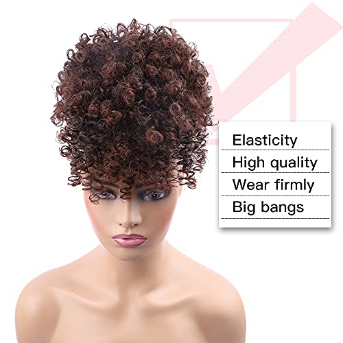 Drawstring Ponytail with Bangs - Afro Puff Extensions for Women, Short Curly Clip in Wrap Updo Hairpiece (2-33#) - color: 2-33#