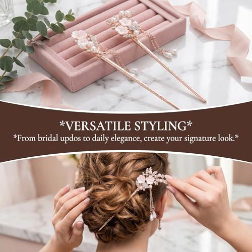 2 Pcs Rhinestone Pearl Flower Hair Stick Chinese Hair Chopsticks Vintage Tassel Hair Pin Chignon Pin Hair Styling Making Accessories for Women