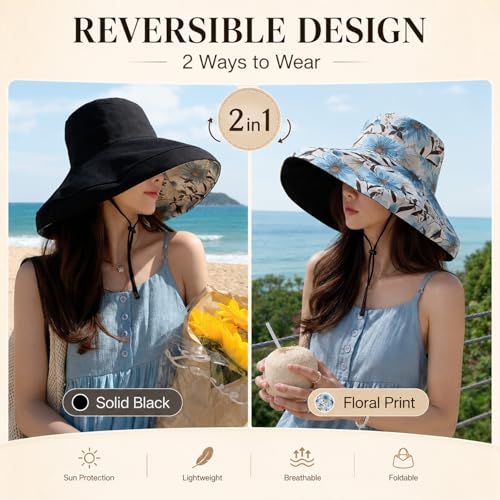HUAMULAN Women Summer Sun Hat Wide Brim Wired Edge Floral Beach Bucket Hats Reversible Foldable Travel UV Protection Lady Hat - color: M2320-black