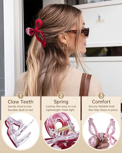 Mesovor 4 Pack Elegant Bow Hair Claw Clips, Nonslip 4.3" Large Hair Grip Hairclips for Thin and Thick | Acrylic Hair Strong Hold Hair Jaw Clamps (Cherry Red, Beige, Leopard) - color: Cherry Red, Beige, Leopard