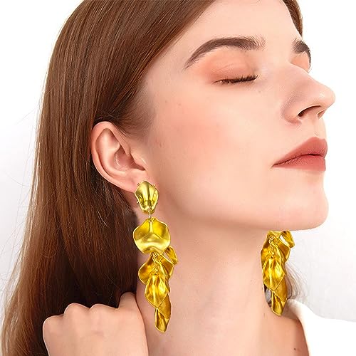 Long Acrylic Rose Petal Earrings Dangle Exaggerated Flower Earrings Drop Statement Floral Tassel Earrings for Women - color: Gold