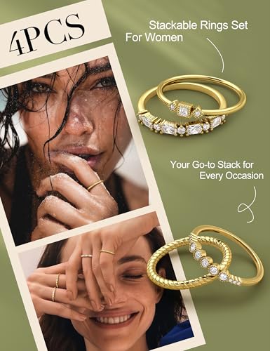 ORAZIO 14K Gold Plated Stackable Rings for Women Non Tarnish Dainty Cubic Zirconia Wedding Engagement Bands Ring Set Minimalist Trendy Statement Anniversary Promise Thumb Stacking Rings Size 6-10 - color: White CZ-Gold Tone