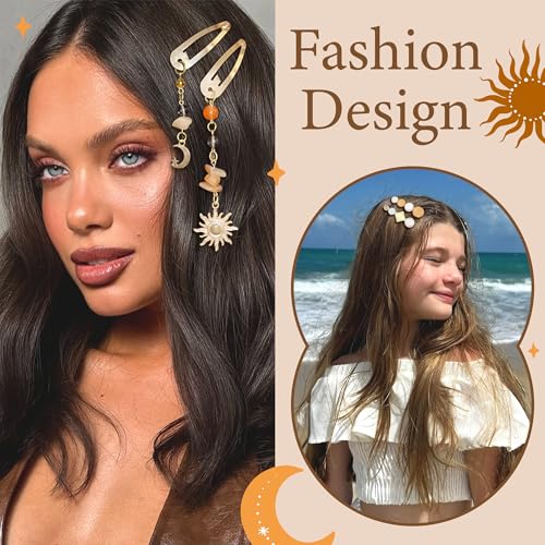 10PCS Hair Barrettes for Women Metal Star Hair Clips Boho Fancy Hair Pins Dangle Moon Y2K Hair Accessories for Women Girls - color: Brown