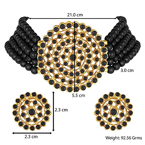 Aheli Pearl Diamond Choker Necklace & Round Earrings Gift for Women Indian Traditional Bollywood Fashion Bharatanatyam jewellery set - color: Black 2
