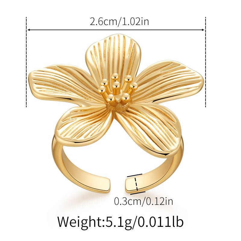 Chic Flower Adjustable Open Finger Statement Ring for Women 18K Gold Vintage Plant Floral Stackable Wrap Knuckle Middle Rings Dainty Extendable Cocktail Party Holiday Jewelry