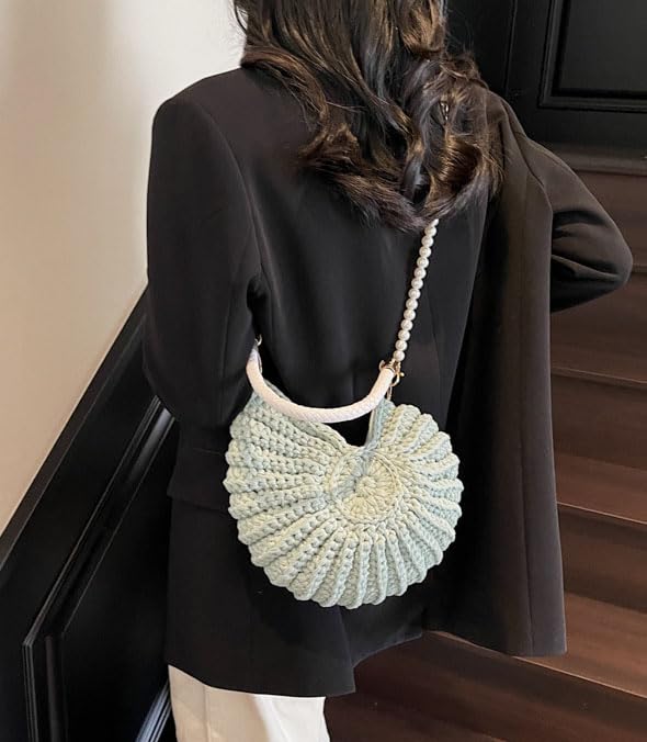 Handmade Crochet Tote Bag Seashell Purse for Women Boho Shell Handbag Crossbody Shoulder Bag Summer Beach Clutch Hobo Handbag - color: Grass Green