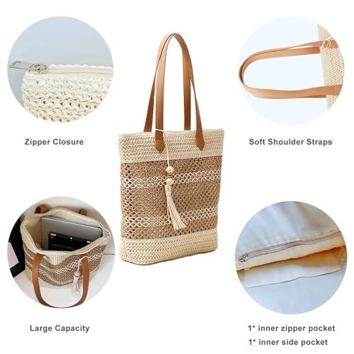 Aphoraeny Straw Beach Bag Buckets Totes Handbag Shoulder Tote Bag Straw Purse Summer Purse Women Summer Handbag - color: B-beige Stripes