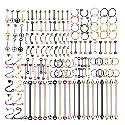Oveta 150-151PCS Body Piercing Jewelry Lot 14G 16G 20G Stainless Steel Nose Lip Tongue Cartilage Tragus Eyebrow Industrial Barbell Belly Button Rings Piercing Kit Jewelry - style: 150pcs-Mixed Color