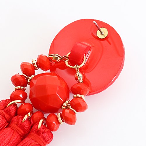 boderier Bohemian Statement Thread Tassel Chandelier Drop Dangle Earrings with Cassandra Button Stud - color: Red