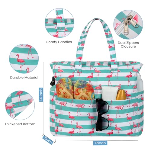 Trifabricy Beach Bags for Women Waterproof Sandproof Women Tote Bag, Large Beach Bag with Zipper for Gym Travel Vocation - color: Green Flamingo