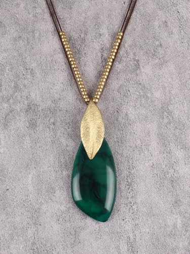 GelConnie Long Necklaces for Women Boho Large Pendant Necklace Casual Bohemian Brown Leather Choker Sweater Circle Statement Stone Necklace - style: Green Leave Gold Necklace
