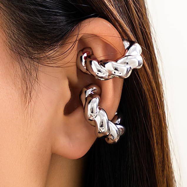 Gold Ear Cuff Earrings for Women Non Piercing 14K Gold Plated/Silver Cuff Clip On Cartilage Hoop Shining Cubic Zirconia Twisted Chain Ear Clip On Earring for Women Chunky Ear Cuffs Earrings - color: C-silver