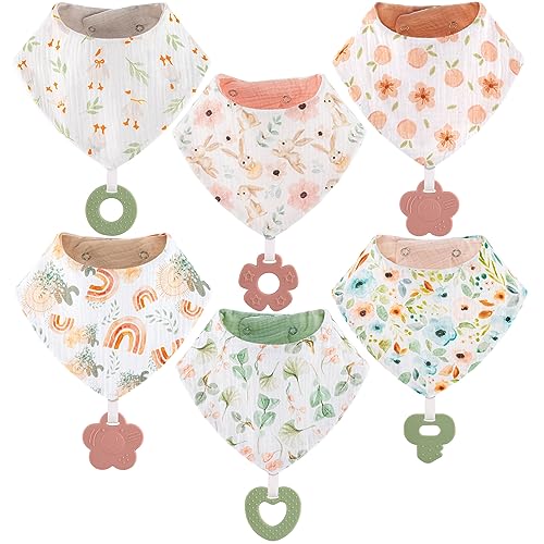 Baby Bandana Drool Bibs 6-Pack and Teething Toys 6-Pack Made with 100% Organic Cotton, Absorbent and Soft Unisex - color: Muslin Bibs Pattern - Girls