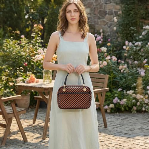 Chic Woven Crossbody Camera Bag, Soft Vegan Leather Purse with Designer Look & Braided Handle - color: Black and Brown Checkered