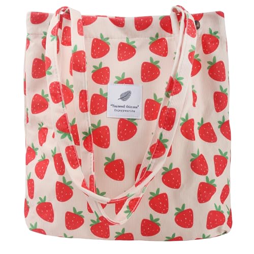 Corduroy Tote Bag for Women Small Canvas Shoulder Purse Cord Handy Bag with Inner Pocket | with Front Pocket - color: 03 A-strawberry-1