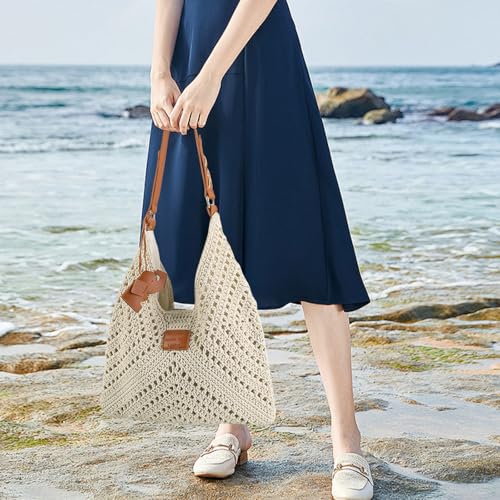 Crochet Beach Tote Bag for Women 2026 Woven Shoulder Bag Summer Handmade Boho Purse Crochet Handbags - color: Beige