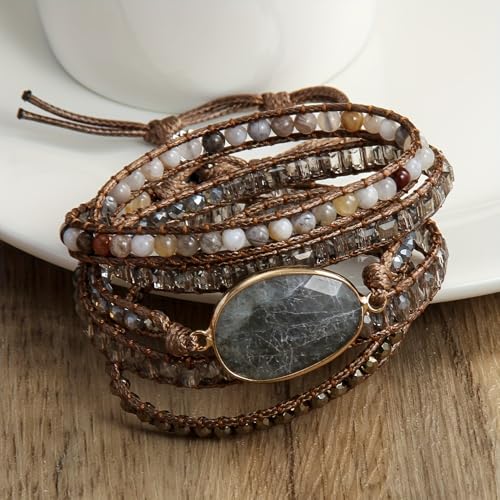 Women Wrap Bracelet Boho Natural Jasper Crystal Stone Beads Strand Bracelets - color: Gray