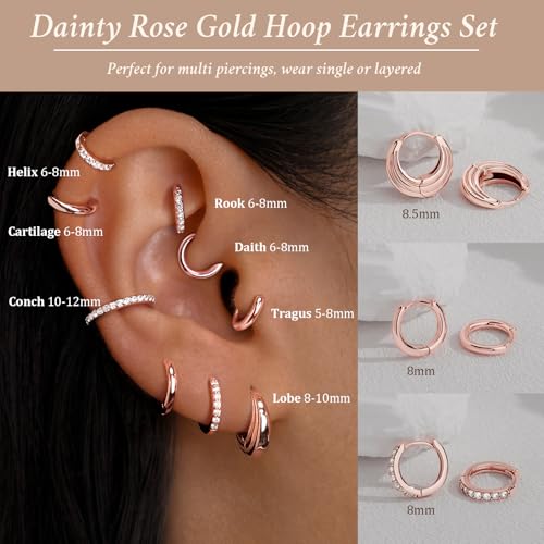 Poxtex Small Sterling Silver Huggie Hoop Earrings Set for Women, Hypoallergenic 14K Gold Plated Hoops Stacks for Multiple Piercings, Dainty Cute Mini Lightweight Cartilage Studs Trendy Jewelry Gift - color: Rose Gold-moon hoop