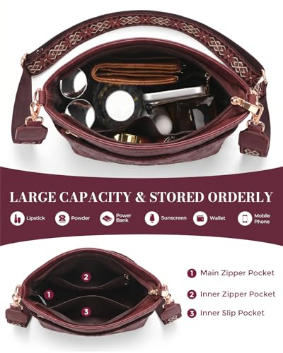 Crossbody Bags For Women, Vegan Leather Crossbody Purses with Boho Strap, Daily Travel Shoulder Handbag - color: Red