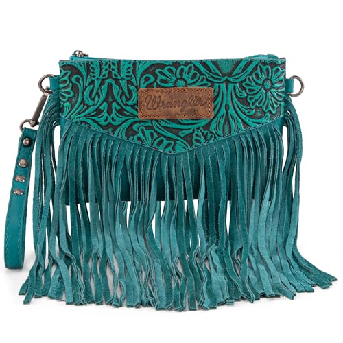 Wrangler Crossbody Small Purse for Women Wristlet Fringe Bag Western Purse - color: Angel Turquoise