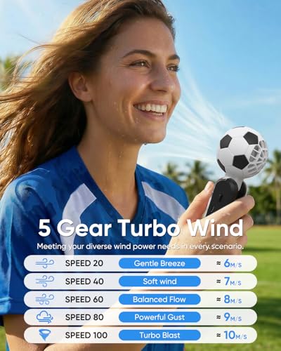 Hiluckey Portable Handheld Turbo Fan with Ice Cooling, 5 Gear Wind, 3 In 1 Soccer-Shaped Mini Personal Fan, 6000mAh Football Rechargeable Pocket Fan for Travel/Outdoor/Office, 180° Adjustable, 20H Max - color: Black
