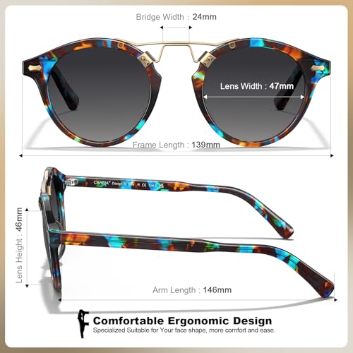 CARFIA Double Bridge Small Acetate Sunglasses for Women Polarized, Retro Metal Brow Ladies Sunnies Fashion Round Eyewears - color: 8. Blue Floral Tortoise Frame Gradient Grey Lens