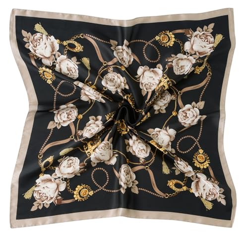 CHUNG Women's Scarf Hair Bandanas Square 27.5" Satin Wrap Fashion Pattern Scarves Emulation Silk Handbag Ribbons Necktie - color: Black Flower-30#