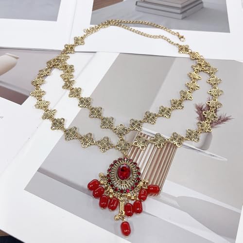 Boho Headband for Women Elegant Bridal Wedding Headpiece Cubic Zirconia Vintage Jhumka Bead Tassel Festival Gold Plated Adjustable Forehead Chain Bollywood Party Accessories Jewelry (Red, Gold) - color: Red