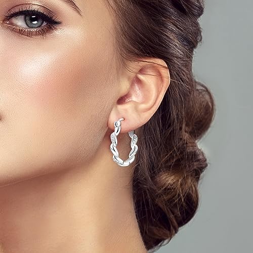 Parmuz 925 Sterling Silver Earrings Hoops for Women Ladies Simple Lightweight Twisted Medium Hoop Earrings With Cubic Zirconia Hypoallergenic Jewelry for Her - color: Twisted earring
