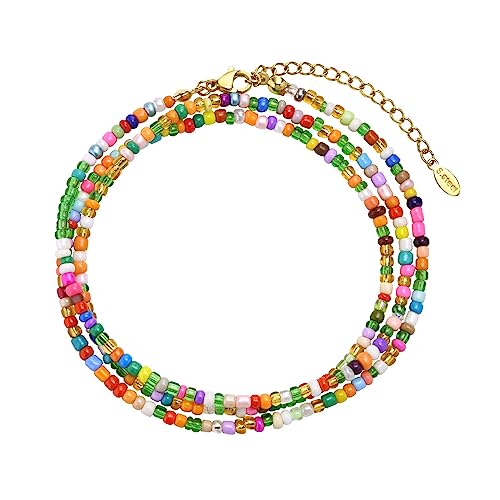 Multilayered Beaded Anklets for Women , Handmade Boho Colorful Beads Ankle Bracelets Foot Anklet,Adjustable Minimalist Summer Beach Foot Chain Anklet Surfer Jewelry Gifts for Girlfriend Sister