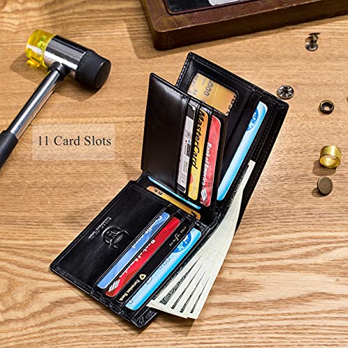 BULLCAPTAIN RFID Wallets for Men,Genuine Leather Wallet QB-05 (Black) | Slim,Bifold,Front Pocket Wallet, 2 ID Windows,11 Card Slots,RFID Blocking Technology,Gift Choice - color: Black