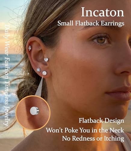 Incaton Hypoallergenic Flat Back Earrings for Women Silver 14K Gold Plated Surgical Stainless Steel Stud Earrings Cubic Zirconia Cartilage Studs Earrings For Multiple Piercing Sensitive Ears - color: SILVER