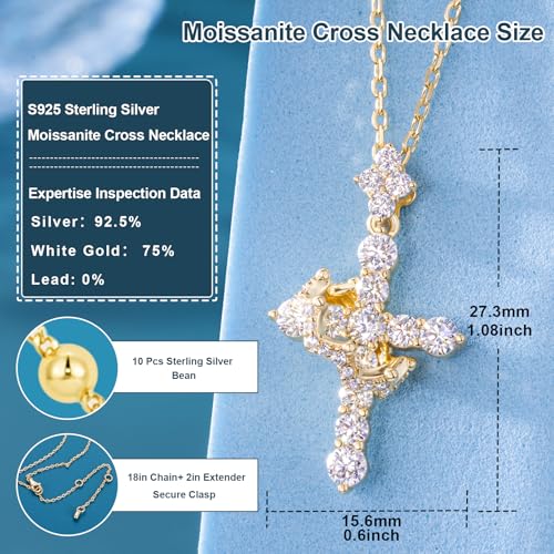 YIMERAIRE Upgraded Moissanite Crown Cross Necklace 14K Gold Vermeil 1.1 Carats Dainty Iced Out Easter Basket Stuffer Cross Jewelry S925 Sterling Silver Simple Gold Christian Faith Moissanite Cross Pendant Necklace For Women - color: Stackable-Gold