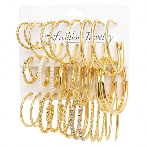 24 Pairs Gold Hoop Earrings Set for Women Hypoallergenic Chunky Chain Twisted Open Hoops Dangle Earring Packs for Birthday Party Fashion Jewelry Gift - color: 24Pcs-Gold