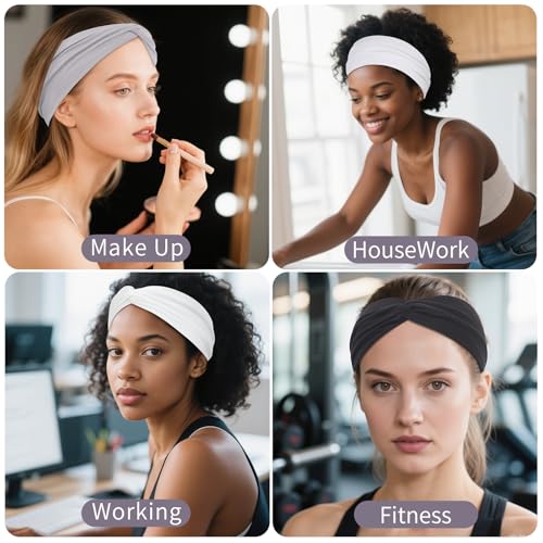 12 Pcs Stretchy Headbands for Women, Absorbed Sport Headband Soft Twist Knotted Hairbands for Daily Life Yoga Workout(Black/Grey/White) - color: Black/Grey/White