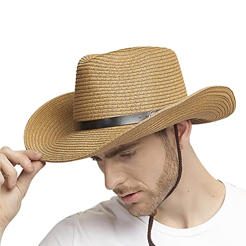 Wide Brim Straw Cowboy Hat for Men Women Western Cowgirl Sun Hat Packable UPF 50+ Beach Cap Shapeable Fedora Panama Cap - color: Khaki